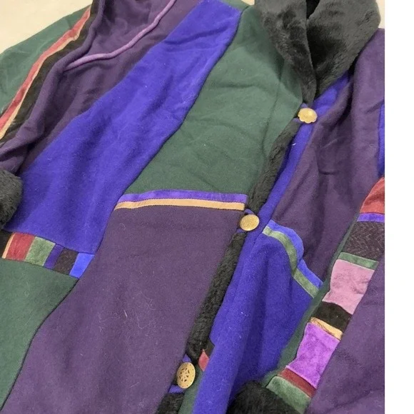Vintage SFR Santa Fe Re-Creations Patchwork Coat Faux Fur Trim Purple Green Med - Picture 2 of 9